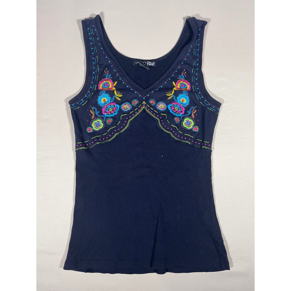 RXB Womens Navy Blue Ribbed Cotton Floral Embroidered V-Neck Tank Top Size M